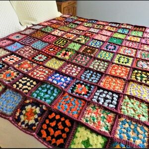 Burgundy Granny Afghan, Hand Crocheted Afghan, Sofa Throw, Handmade Blanket